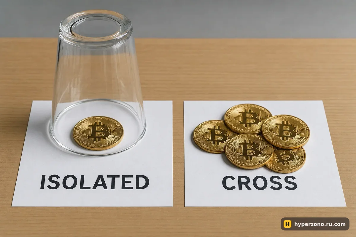 Одна монета биткоина под стеклянным стаканом рядом с карточкой ISOLATED и горка монет на карточке CROSS