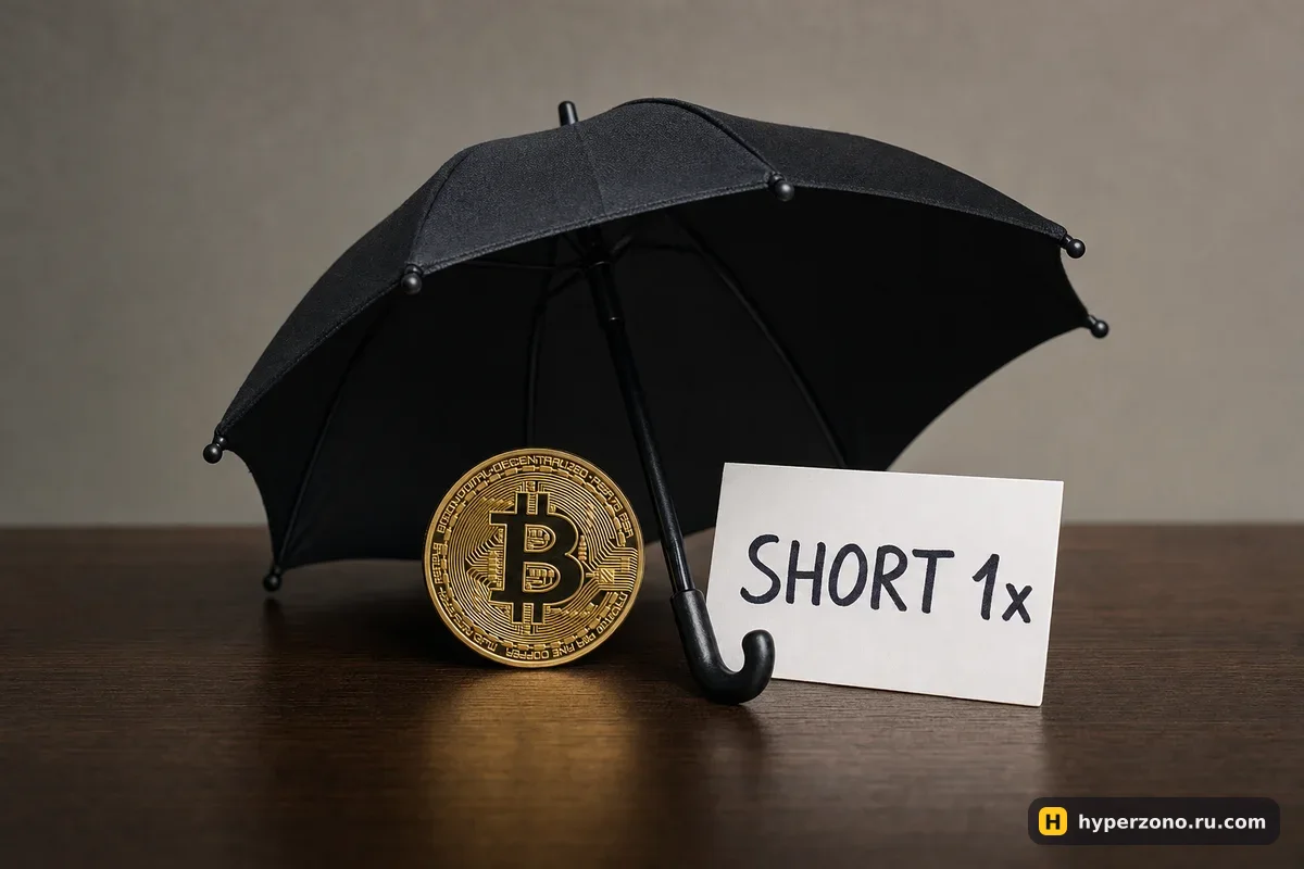 Зонт над монетой биткоина и карточка с надписью SHORT 1x