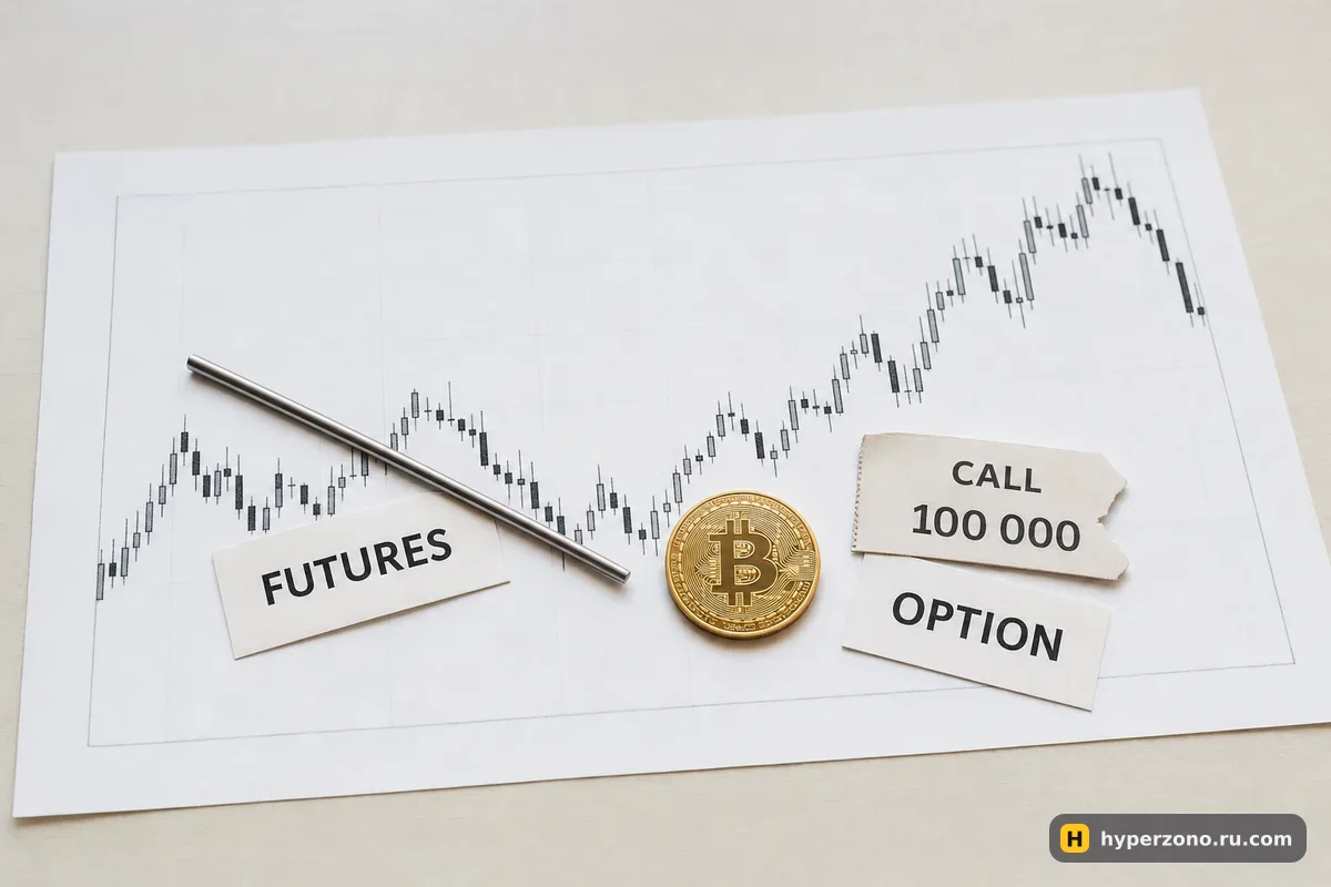 Распечатанный график биткоина, на нём стальной стержень с биркой FUTURES и бумажный билет CALL с биркой OPTION