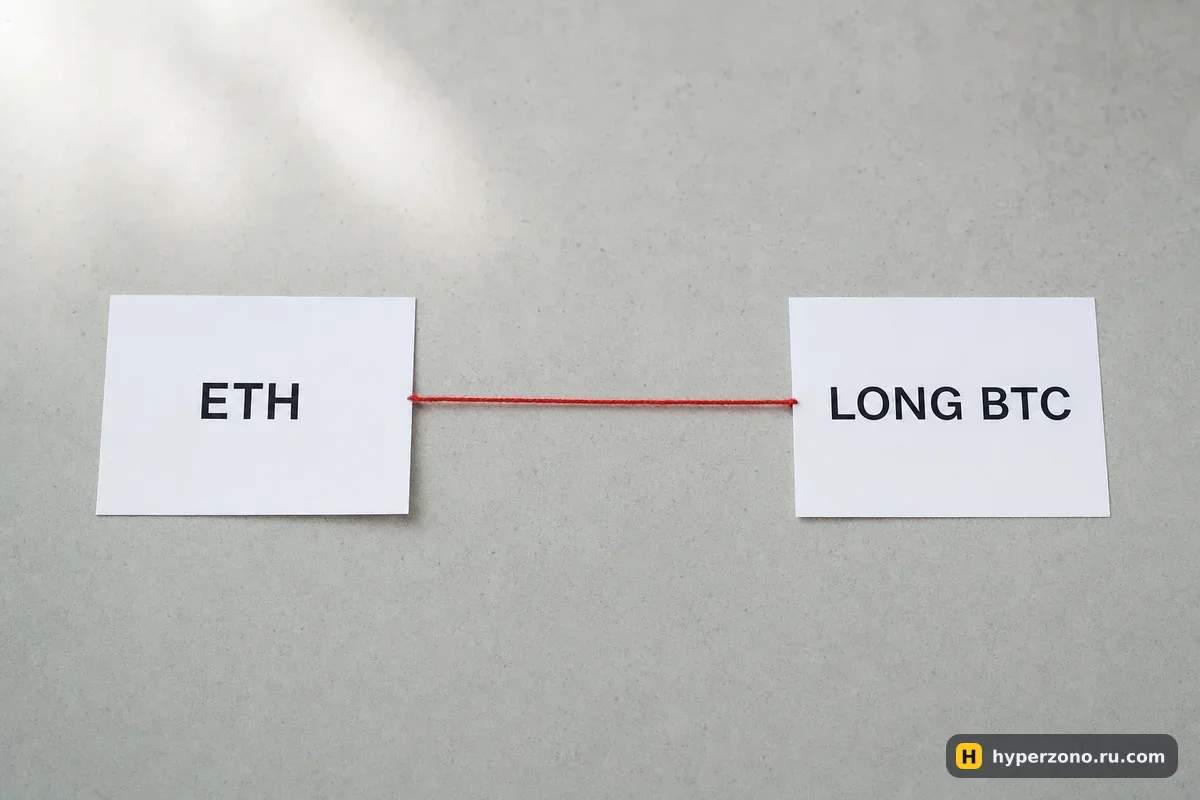 Две бумажные карточки с надписями ETH и LONG BTC, соединённые красной нитью