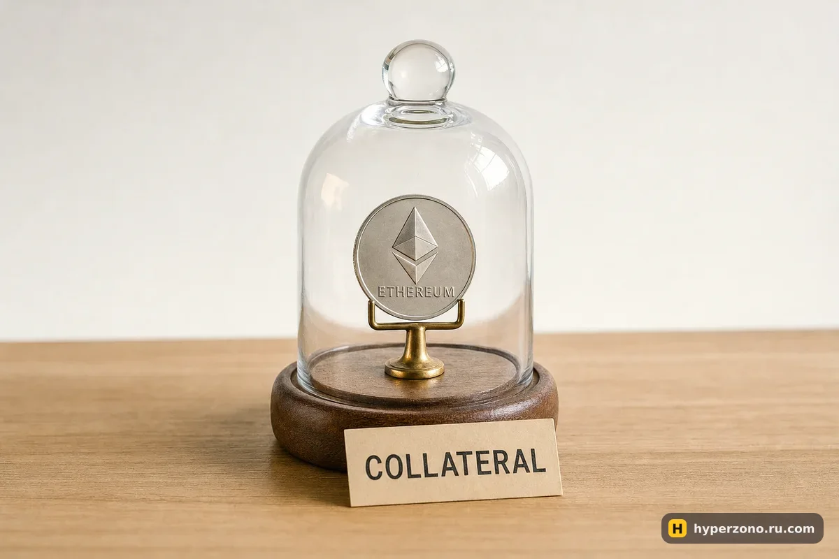 Монета Ethereum под стеклянным колпаком с бумажной биркой «COLLATERAL»