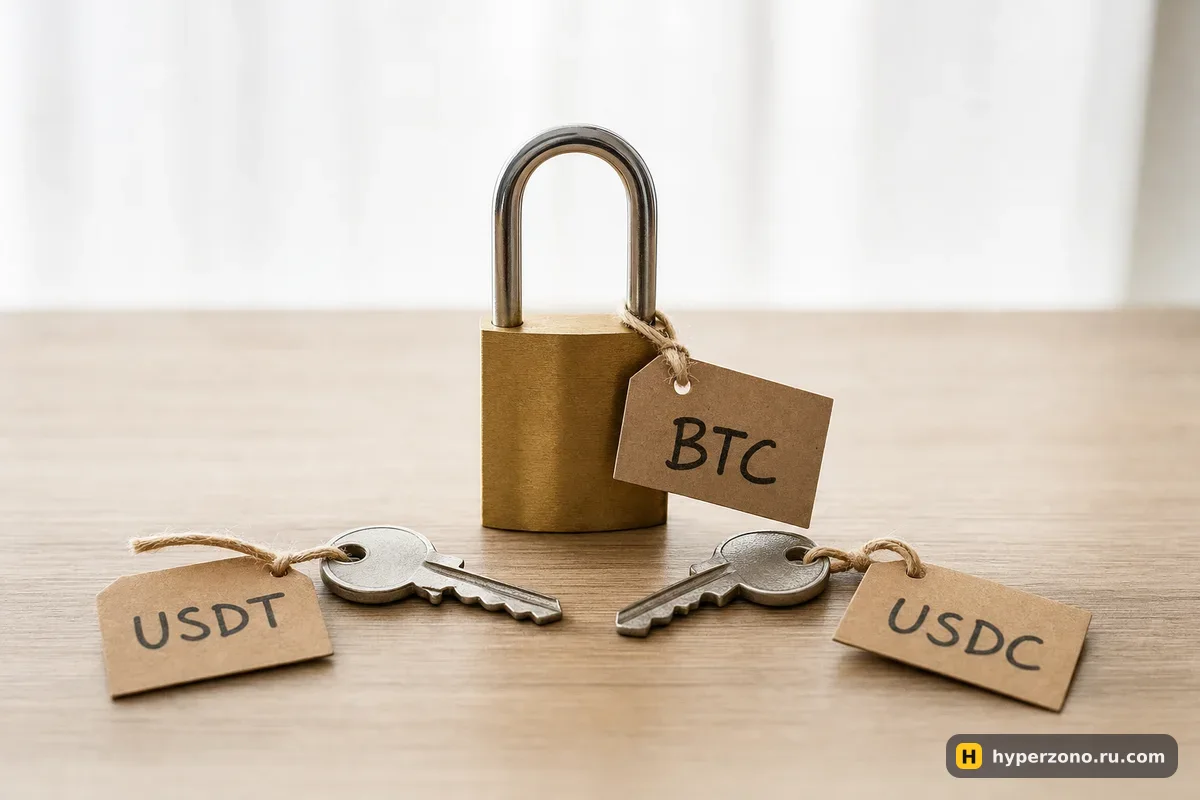 Закрытый замок с биркой BTC и два одинаковых ключа с бирками USDT и USDC