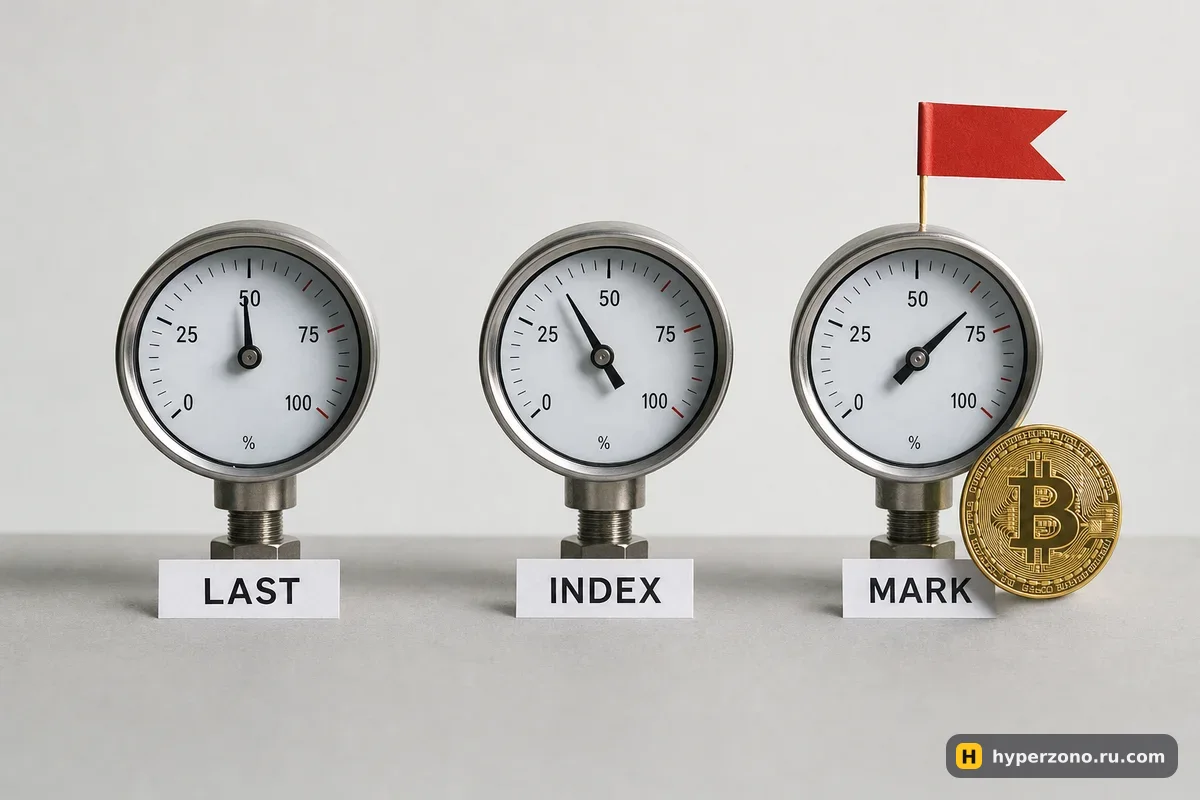 Три круглых циферблата с подписями LAST, INDEX и MARK и золотая монета биткоина рядом с третьим