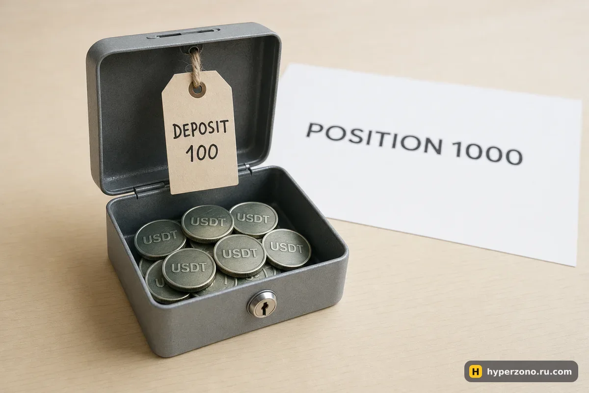 Металлическая коробка с монетами USDT и биркой DEPOSIT 100, рядом лист с надписью POSITION 1000