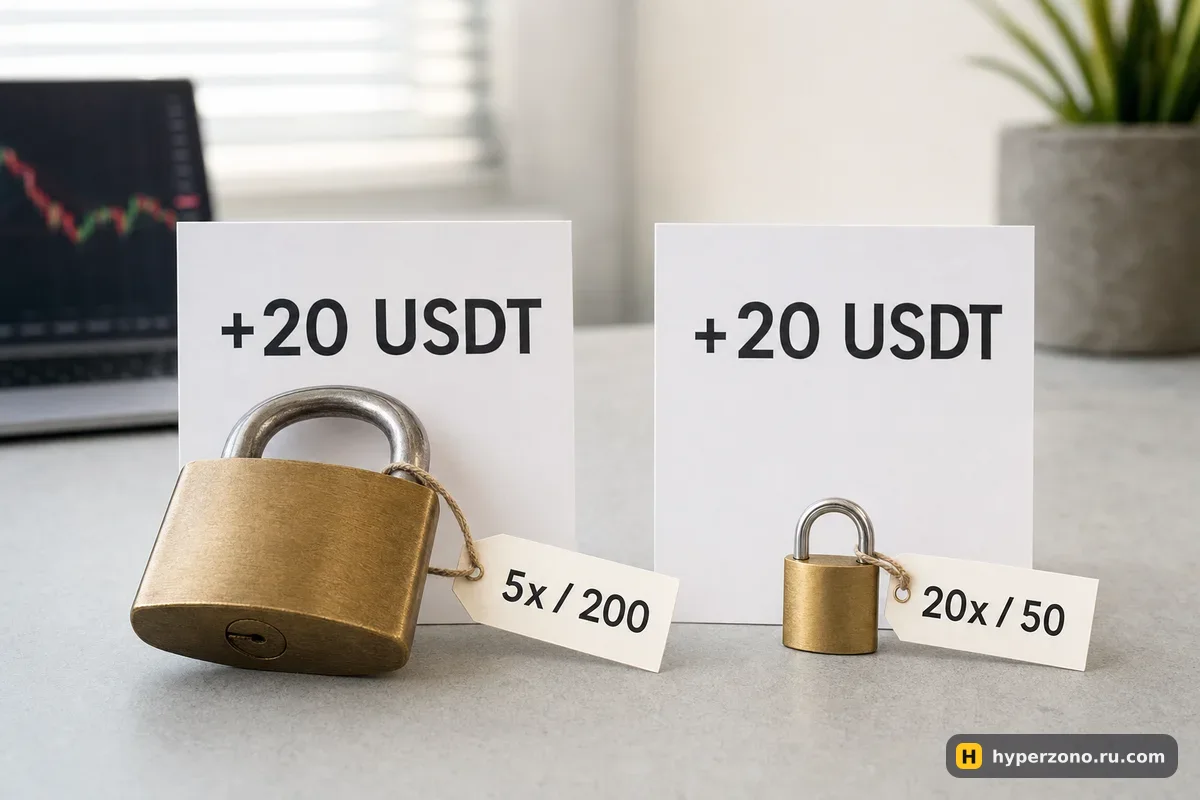 Две одинаковые карточки «+20 USDT» и два замка разного размера с подписями 5x и 20x