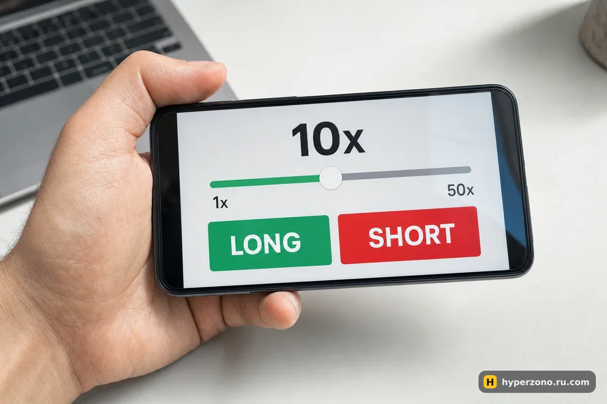 Телефон с экраном выбора плеча: ползунок на 10x и кнопки LONG и SHORT