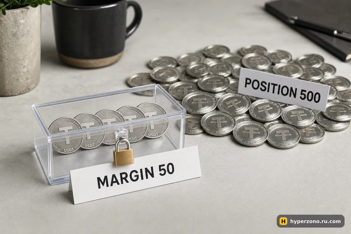 Пять монет USDT заперты в прозрачной коробке с табличкой MARGIN 50, рядом россыпь монет с табличкой POSITION 500