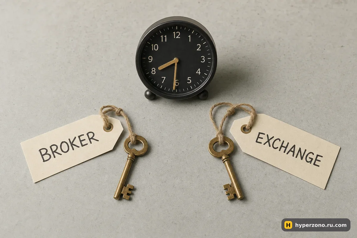 Два ключа с бумажными бирками «BROKER» и «EXCHANGE» и настольные часы между ними