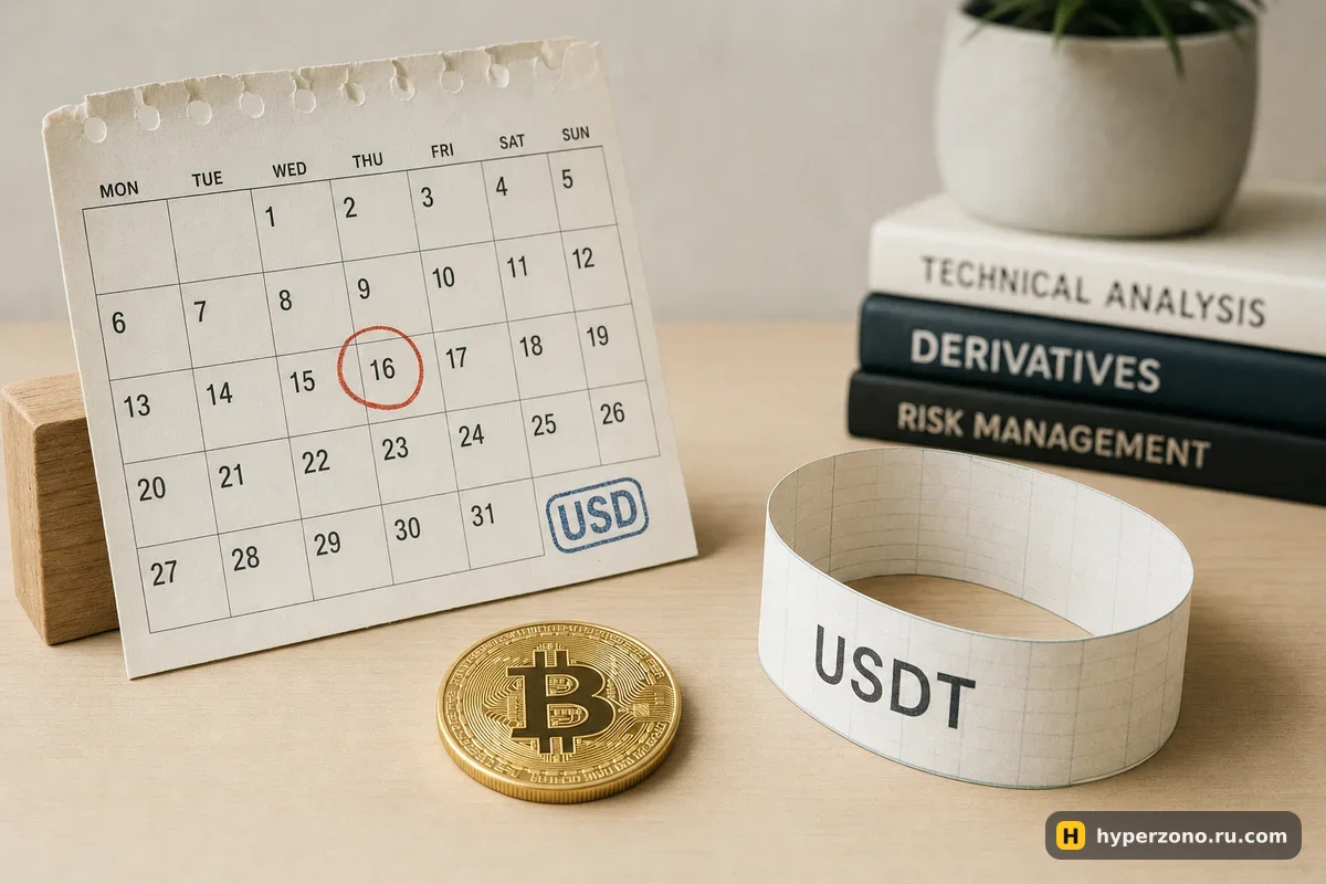 Календарный лист с обведённой датой и штампом USD, рядом бесконечная бумажная лента с надписью USDT и монета биткоина