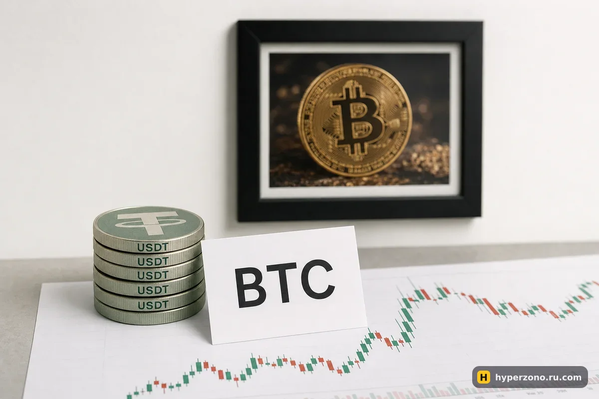 Стопка монет USDT на распечатанном графике биткоина, рядом табличка BTC, сам биткоин — только на фото в рамке на стене