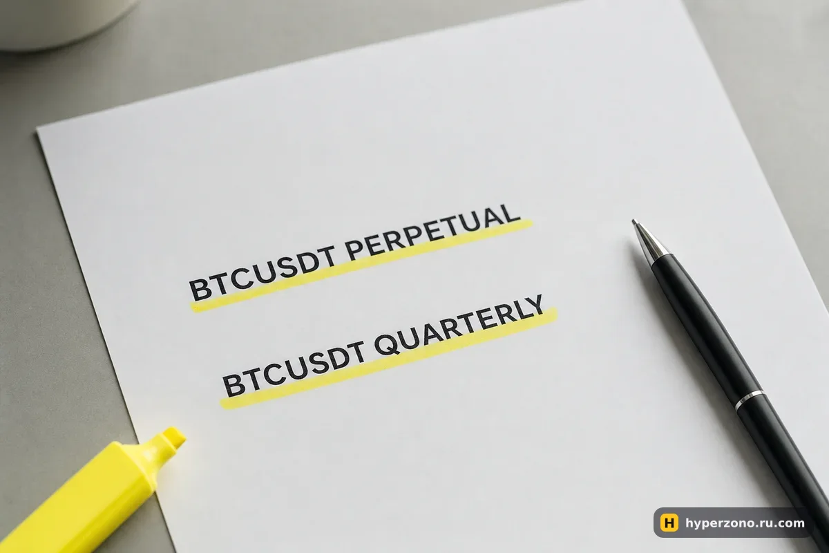 Распечатанный список контрактов с выделенными строками BTCUSDT PERPETUAL и BTCUSDT QUARTERLY