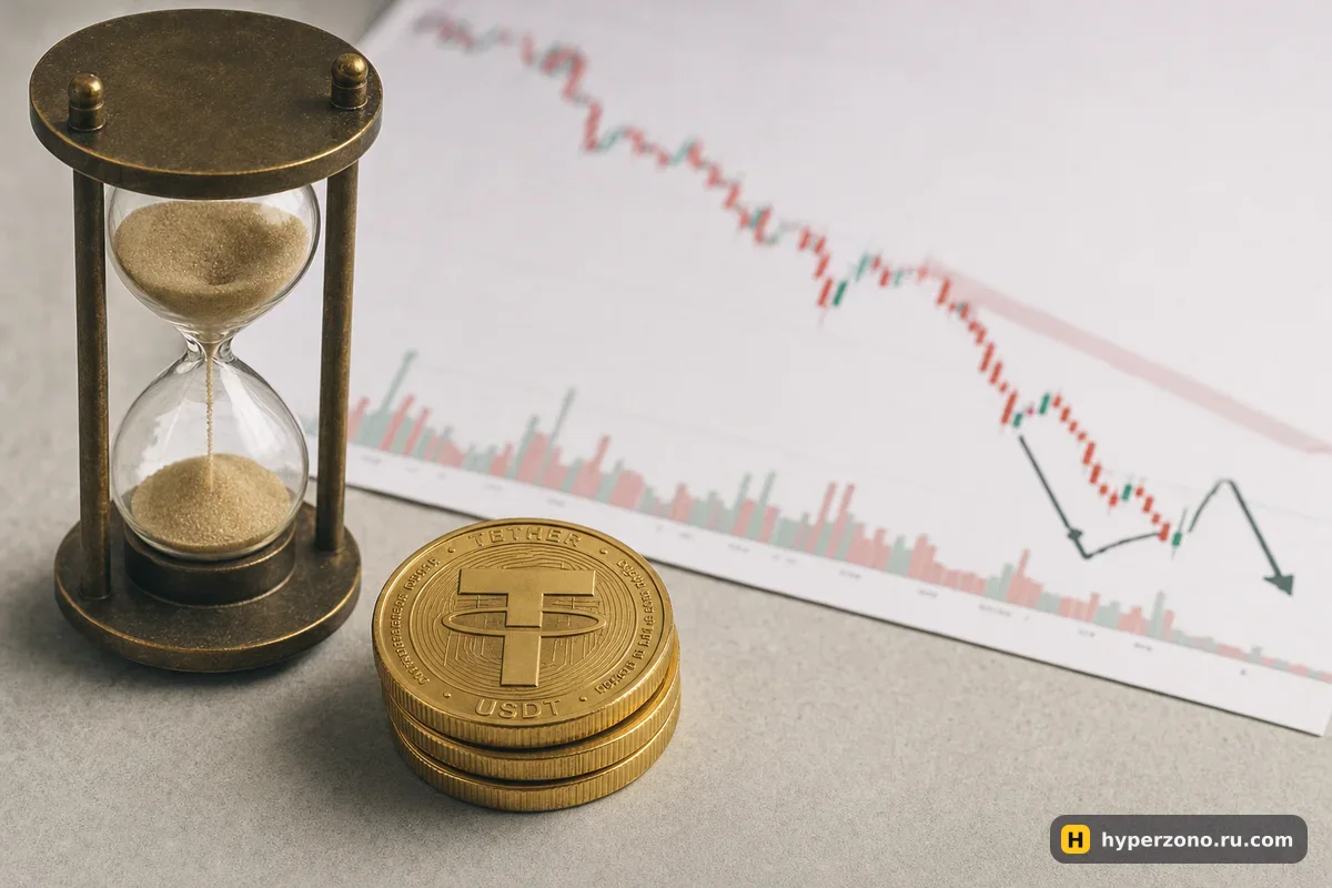 Песочные часы рядом со стопкой монет USDT и падающим графиком