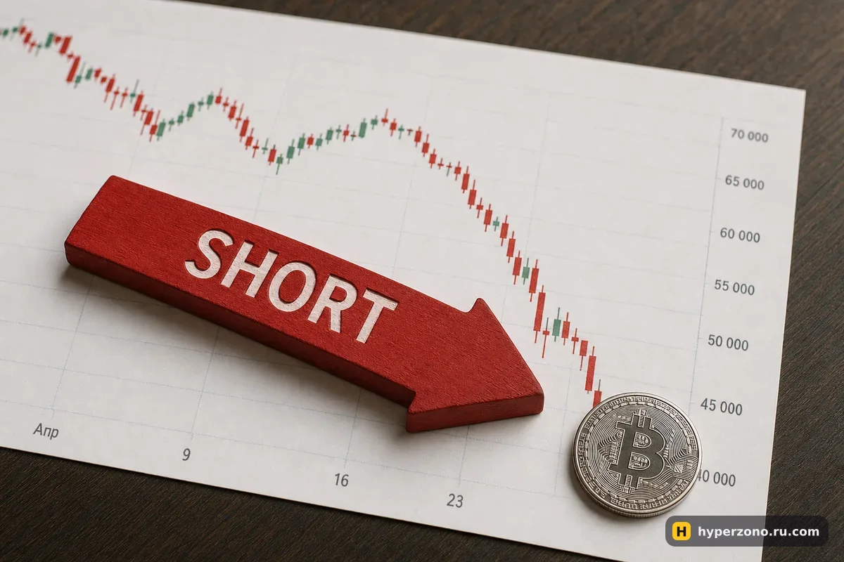Красная стрелка с надписью SHORT на распечатанном падающем графике биткоина