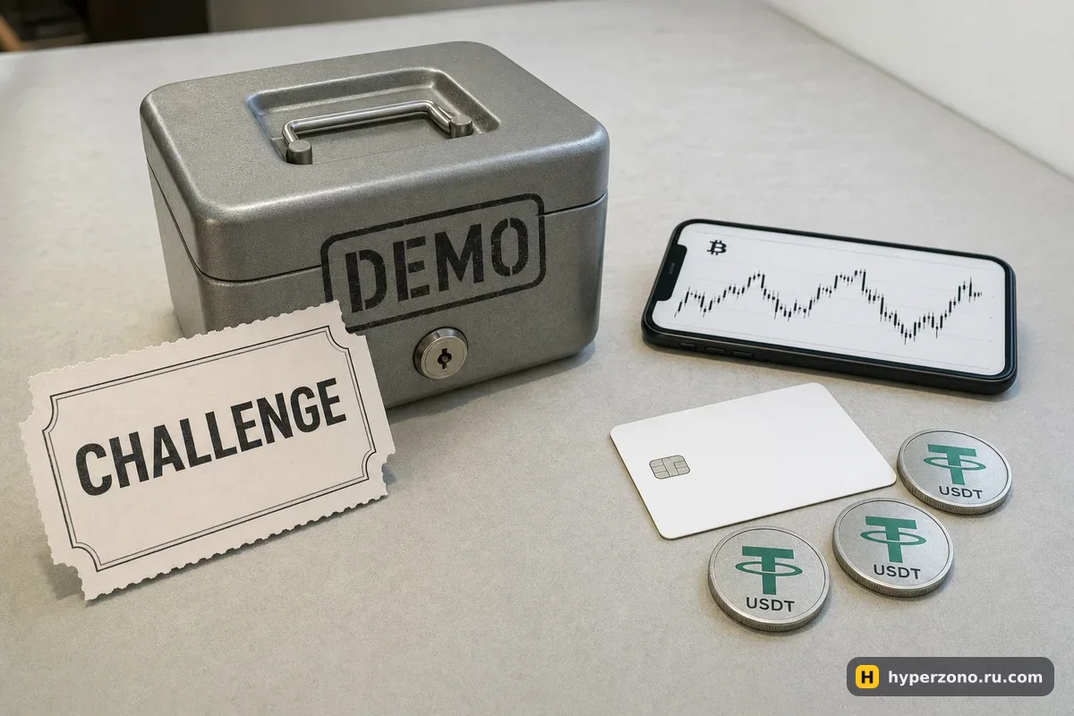 Билет с надписью CHALLENGE у закрытой денежной коробки и рядом монеты USDT с телефоном, где график биткоина