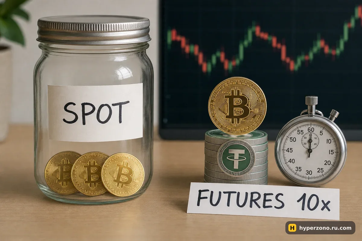 Банка с биткоинами с надписью SPOT слева и монета на стопке USDT с секундомером и надписью FUTURES 10x справа