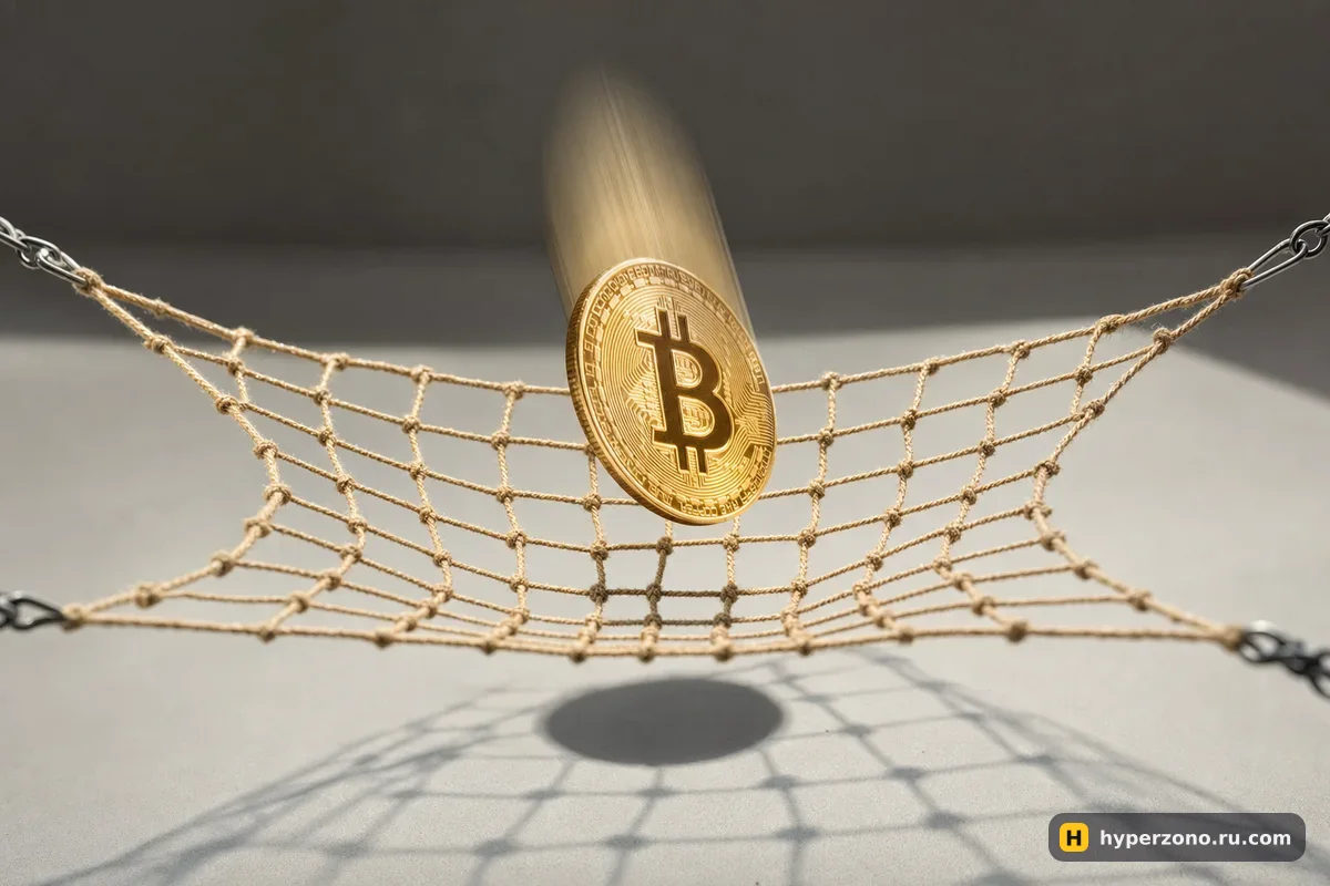 Монета биткоина падает на натянутую страховочную сетку