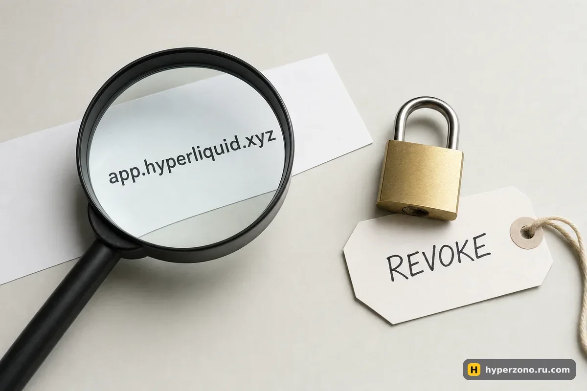 Лупа над напечатанным адресом сайта, рядом закрытый замок на бирке REVOKE
