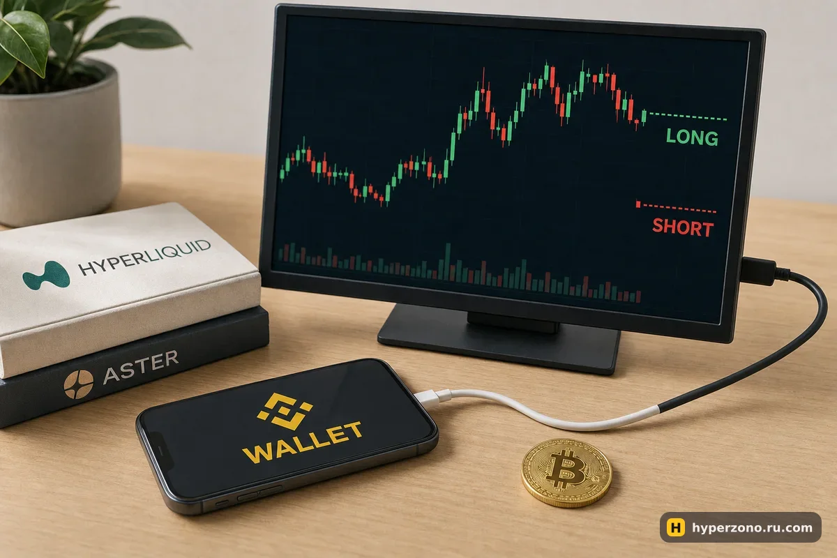 Смартфон с кошельком соединён кабелем с монитором, где свечной график биткоина и надписи LONG и SHORT, рядом монета BTC