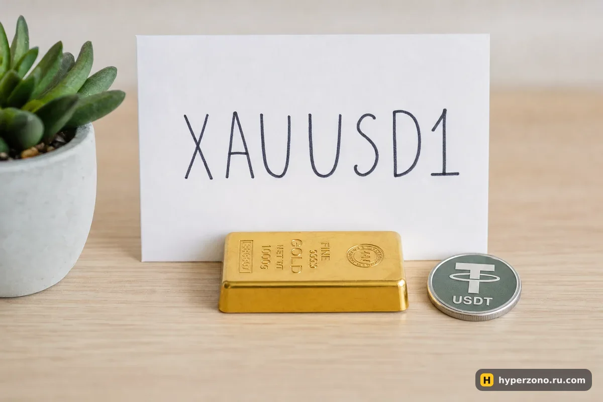 Золотой слиток на столе, рядом карточка с надписью XAUUSD1 и монета USDT