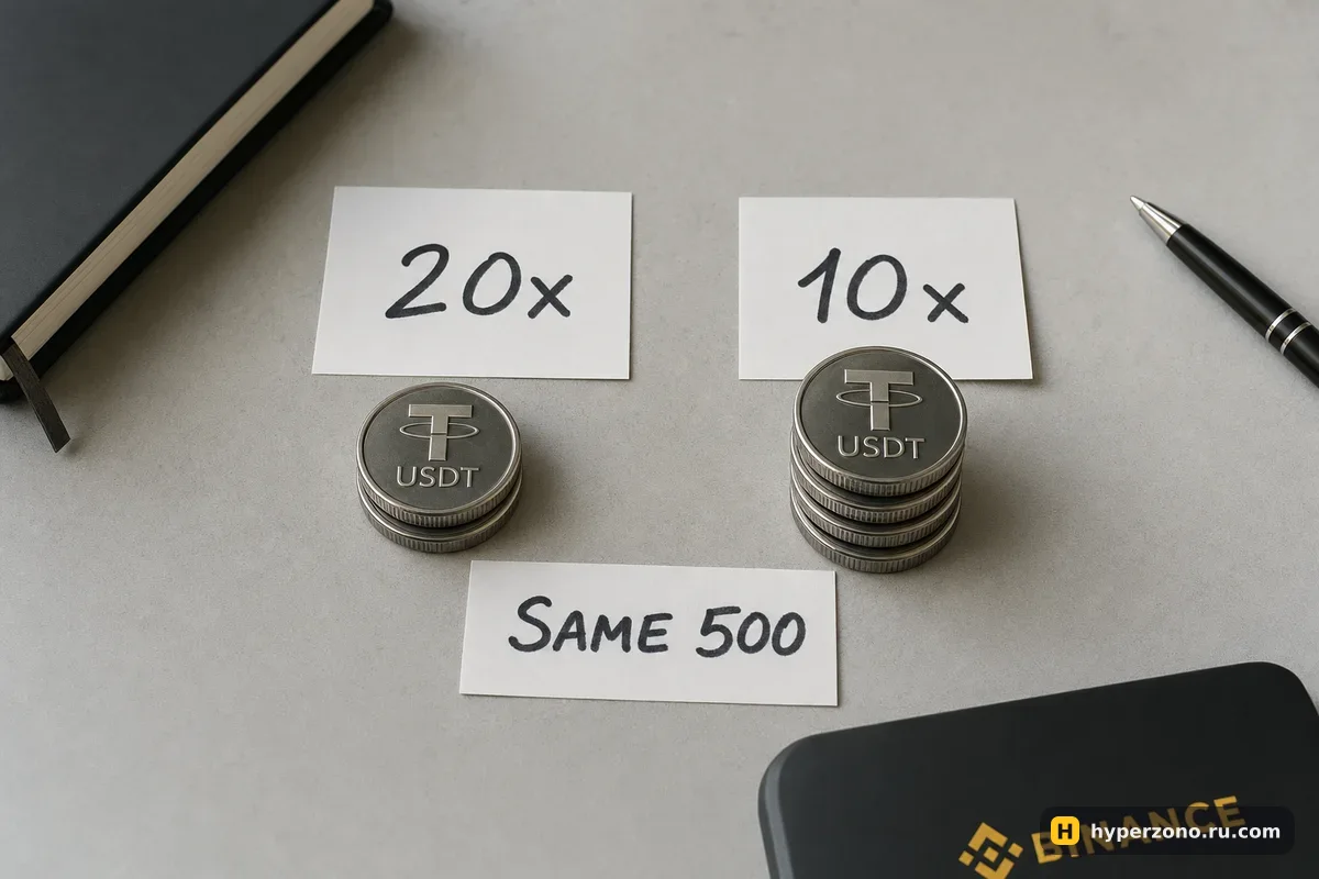 Две бумажные карточки 20x и 10x, под ними стопки монет USDT разной высоты