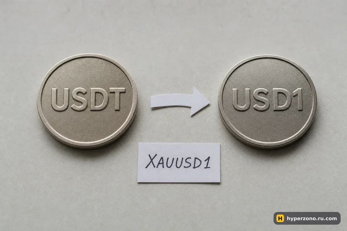Две монеты с надписями USDT и USD1, между ними бумажная стрелка, рядом бирка XAUUSD1