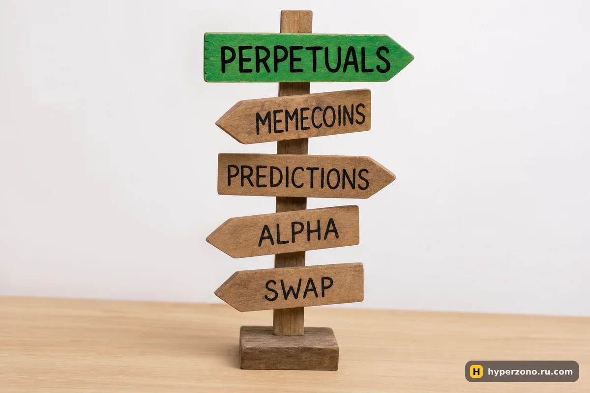 Деревянный указатель с табличками PERPETUALS, SWAP, ALPHA и DAPPS, зелёная стрелка указывает на бессрочные контракты