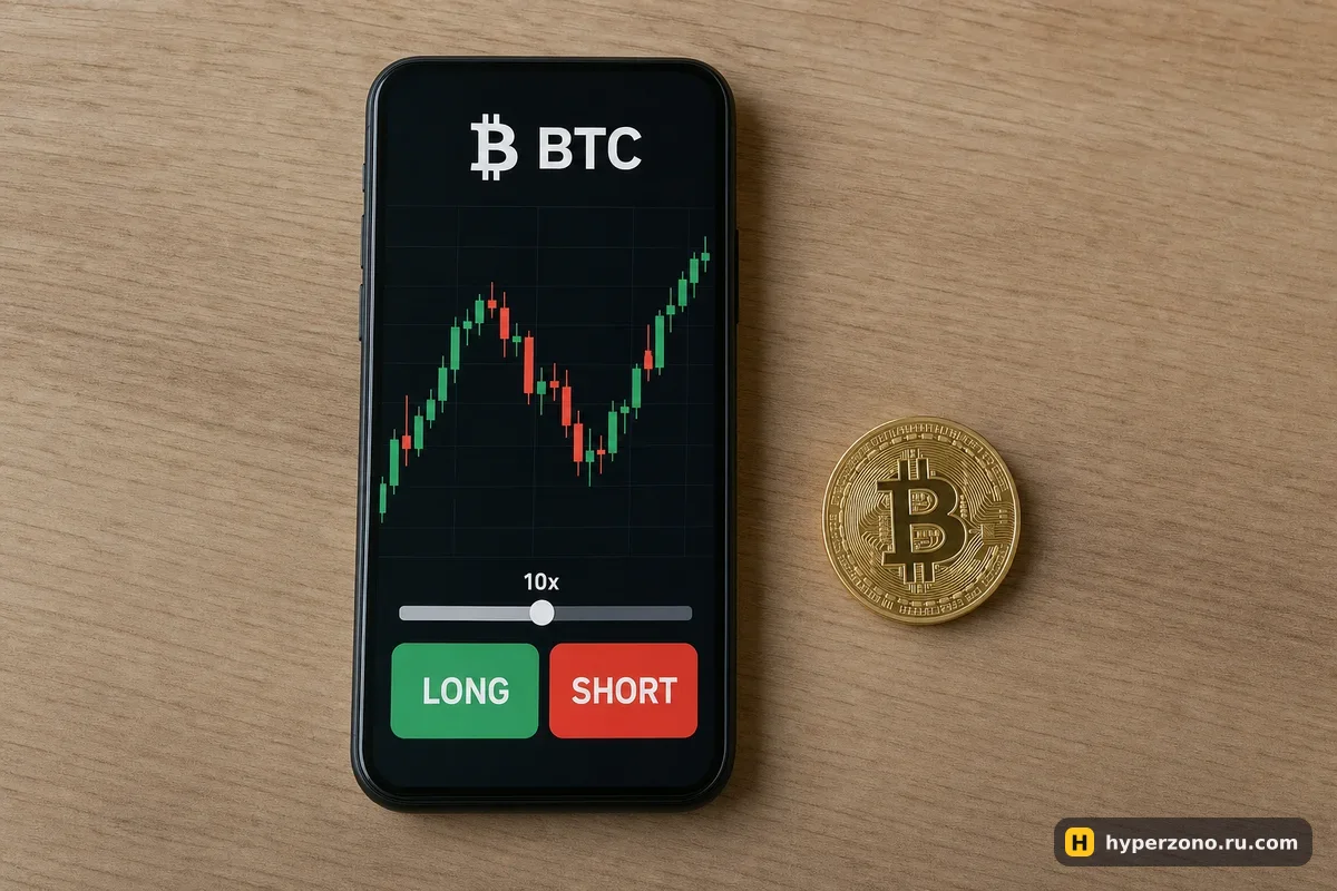 Смартфон на столе: график биткоина, ползунок плеча 10x и кнопки LONG и SHORT, рядом монета BTC