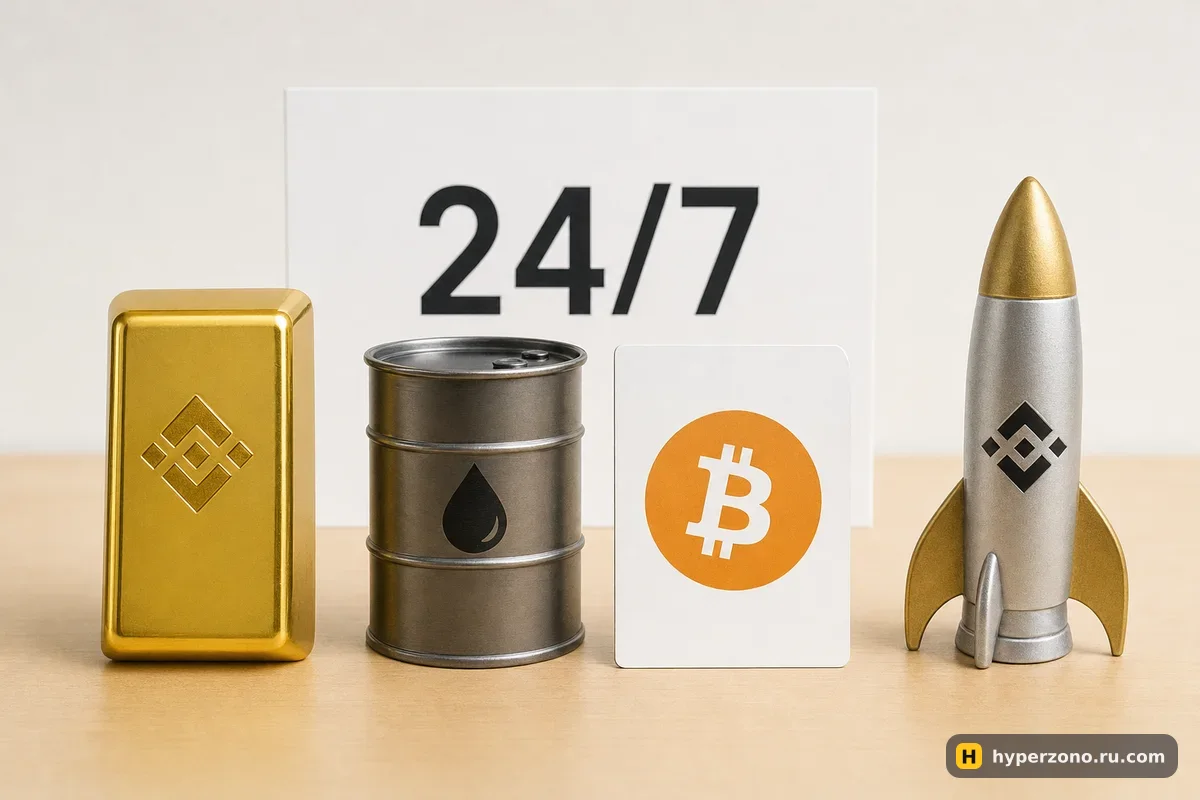 Золотой слиток, бочка нефти, карточка с символом биткоина и модель ракеты в ряд на столе
