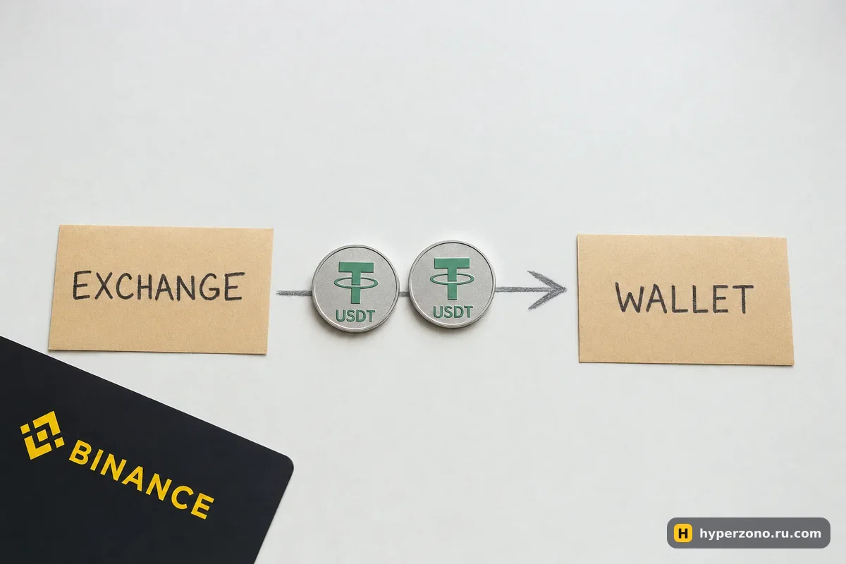 Две бумажные бирки «биржа» и «кошелёк» со стрелкой и монетами USDT между ними