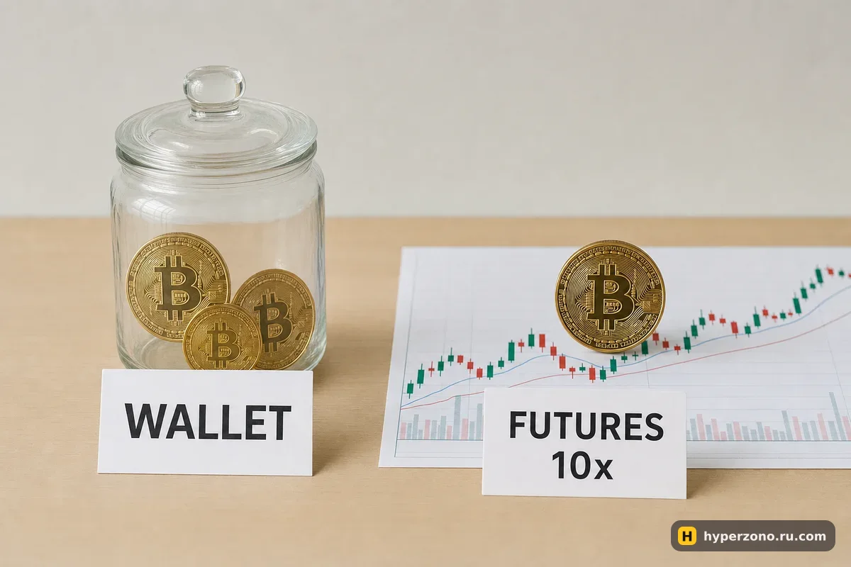 Слева закрытая стеклянная банка с монетами биткоина и табличка WALLET, справа монета BTC на распечатанном свечном графике и табличка FUTURES 10x