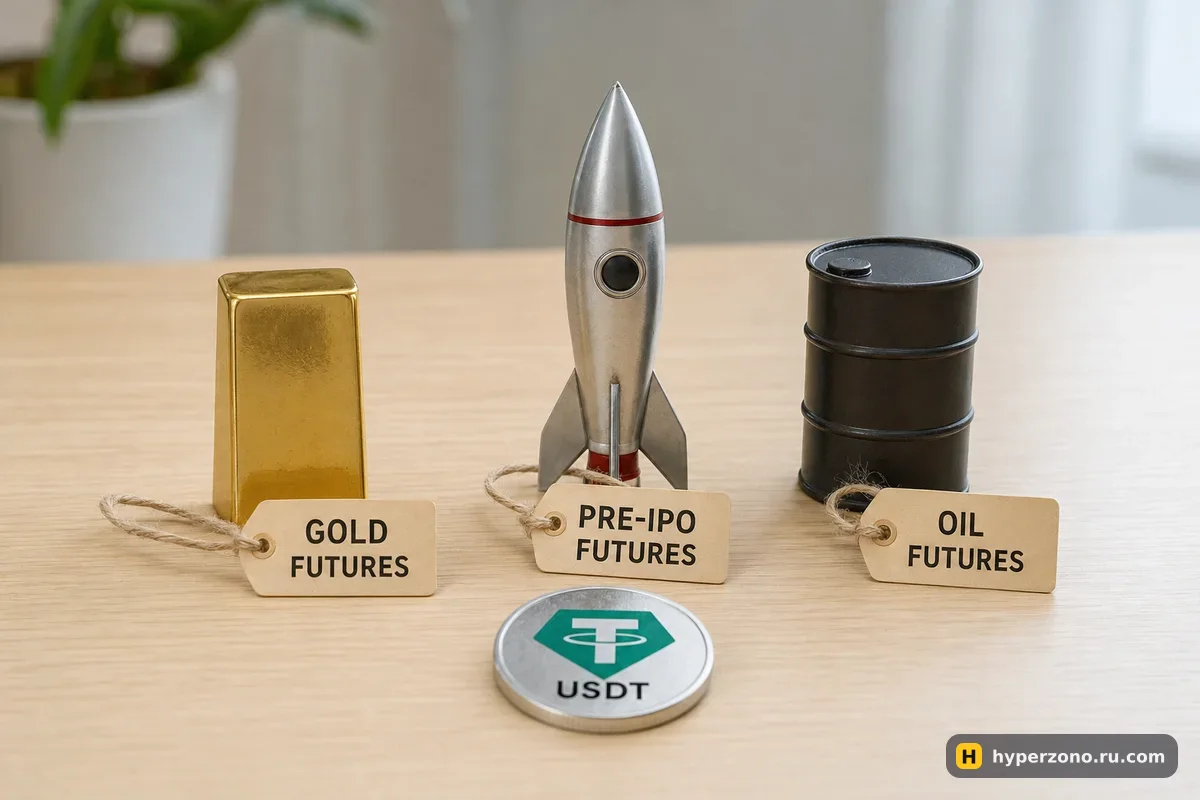 Золотой слиток, модель ракеты и маленькая бочка нефти с бумажными ценниками, рядом монета USDT