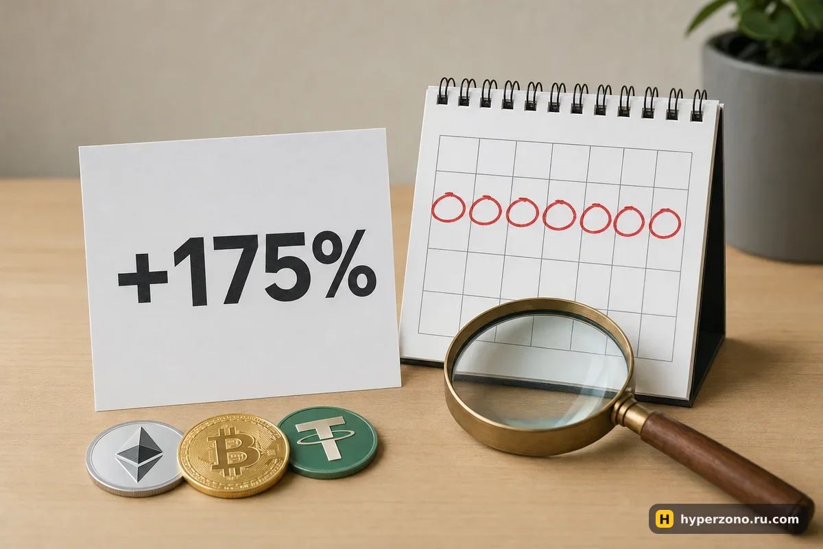 Карточка с крупной надписью +175% рядом с календарём, где отмечены всего семь дней