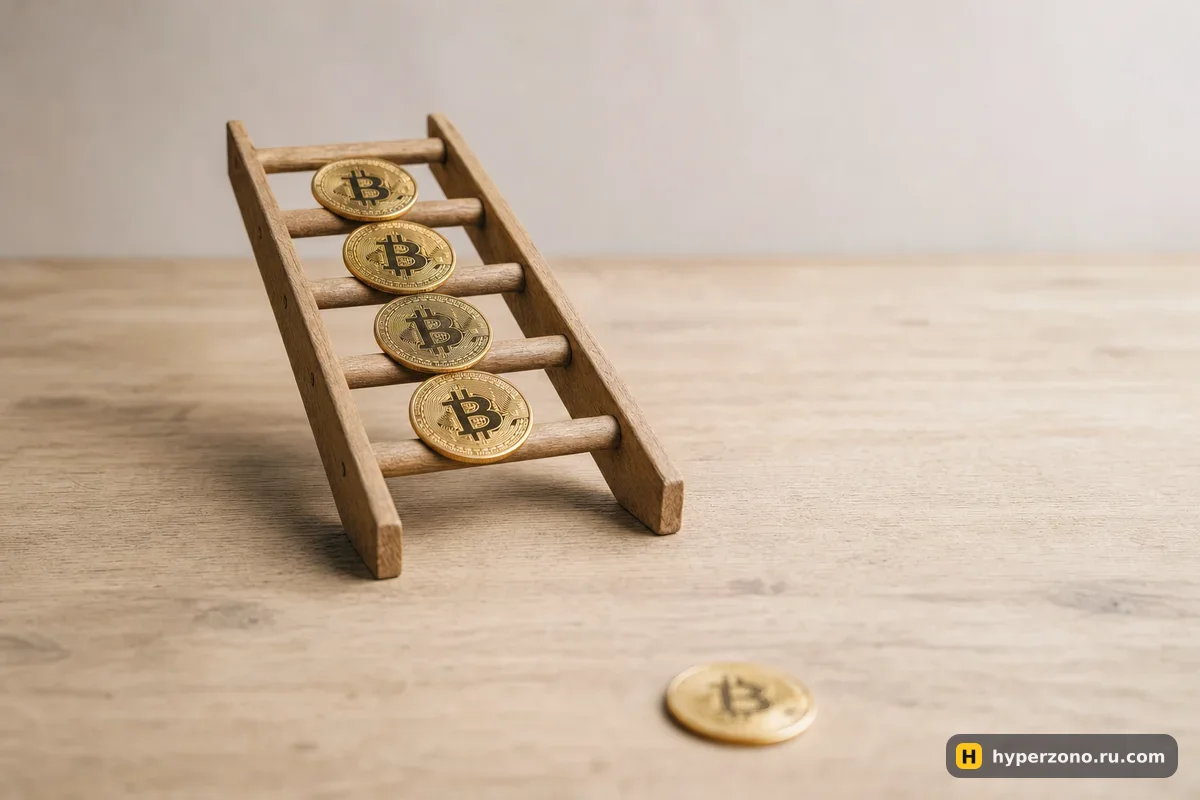 Деревянная лесенка с монетами биткоина на ступенях и одна монета, укатившаяся ниже последней ступени