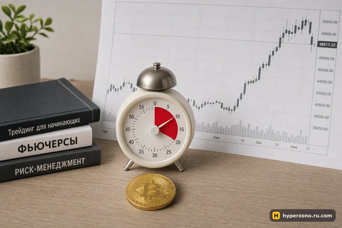 Механический кухонный таймер рядом с распечатанным графиком биткоина и монетой BTC