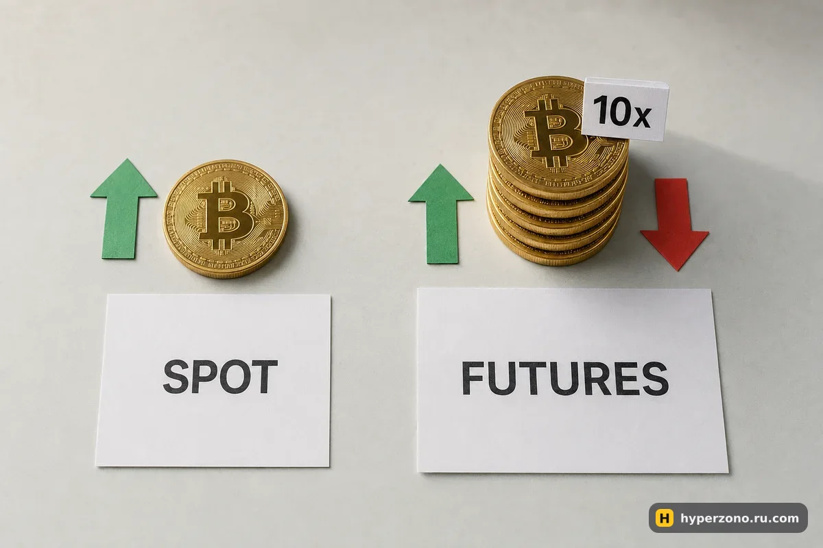 На столе две карточки SPOT и FUTURES: слева одна монета биткоина со стрелкой вверх, справа стопка монет с биркой 10x и стрелками вверх и вниз