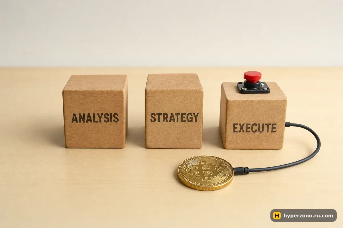 Три деревянных бруска с надписями ANALYSIS, STRATEGY, EXECUTE, кнопка только на третьем, рядом монета биткоина