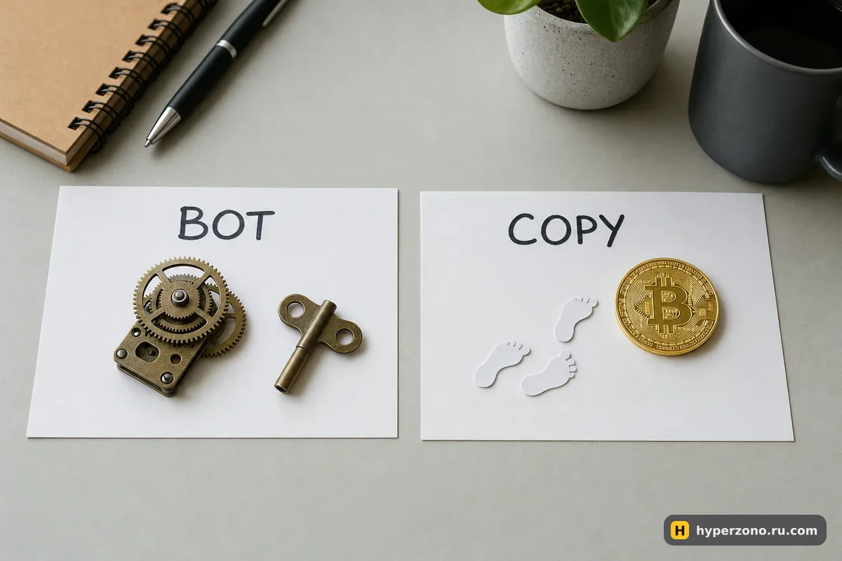 Две карточки на столе: слева заводная шестерёнка с надписью BOT, справа бумажные следы и монета биткоина с надписью COPY