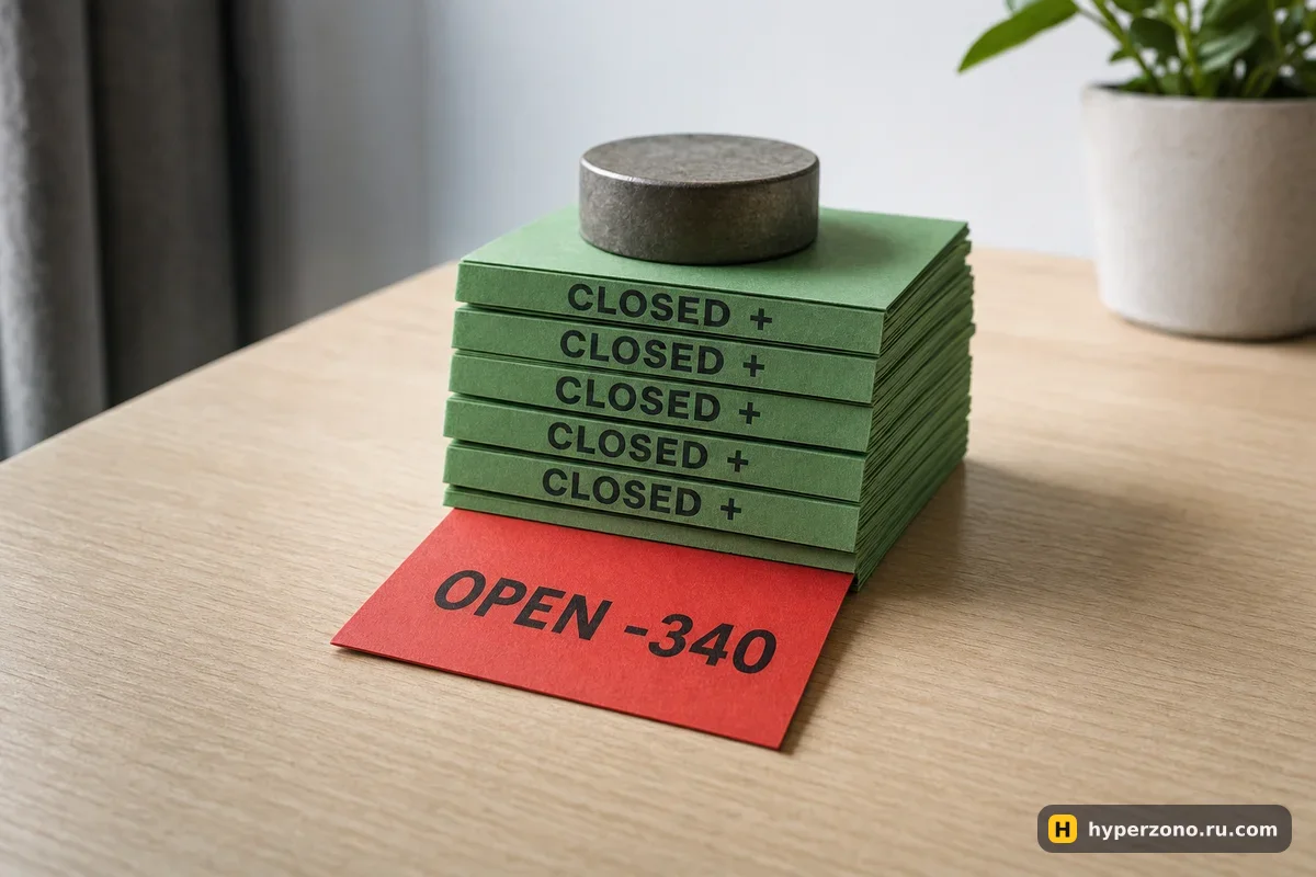 Стопка зелёных чеков с надписью CLOSED и торчащий из-под неё красный лист OPEN -340