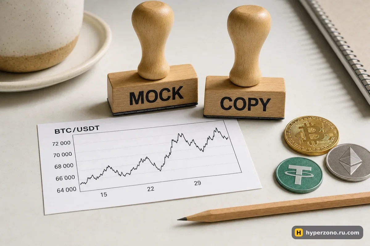 Распечатанная карточка трейдера с графиком и две печати с надписями MOCK и COPY