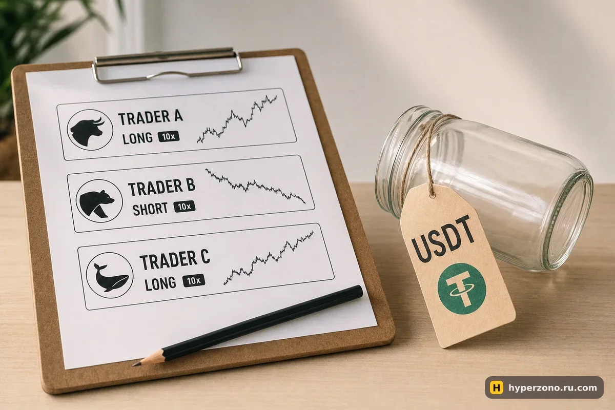 Планшет с карточками трейдеров и пустая банка с надписью USDT на столе