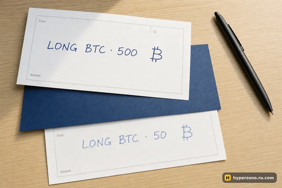 Копировальная бумага переносит запись о сделке LONG BTC с одного бланка на другой, но с меньшей суммой