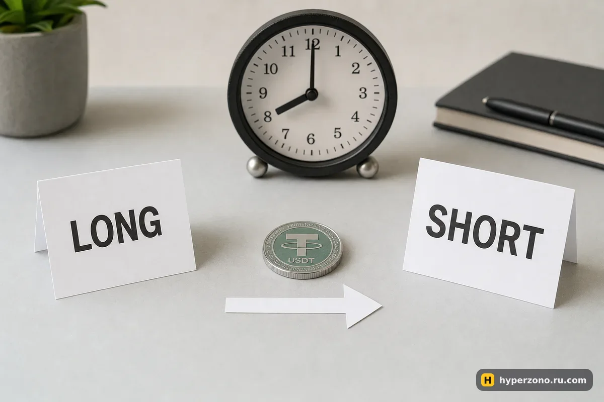 Карточки LONG и SHORT друг напротив друга, между ними монета USDT и стрелка от лонга к шорту, рядом часы на 08:00