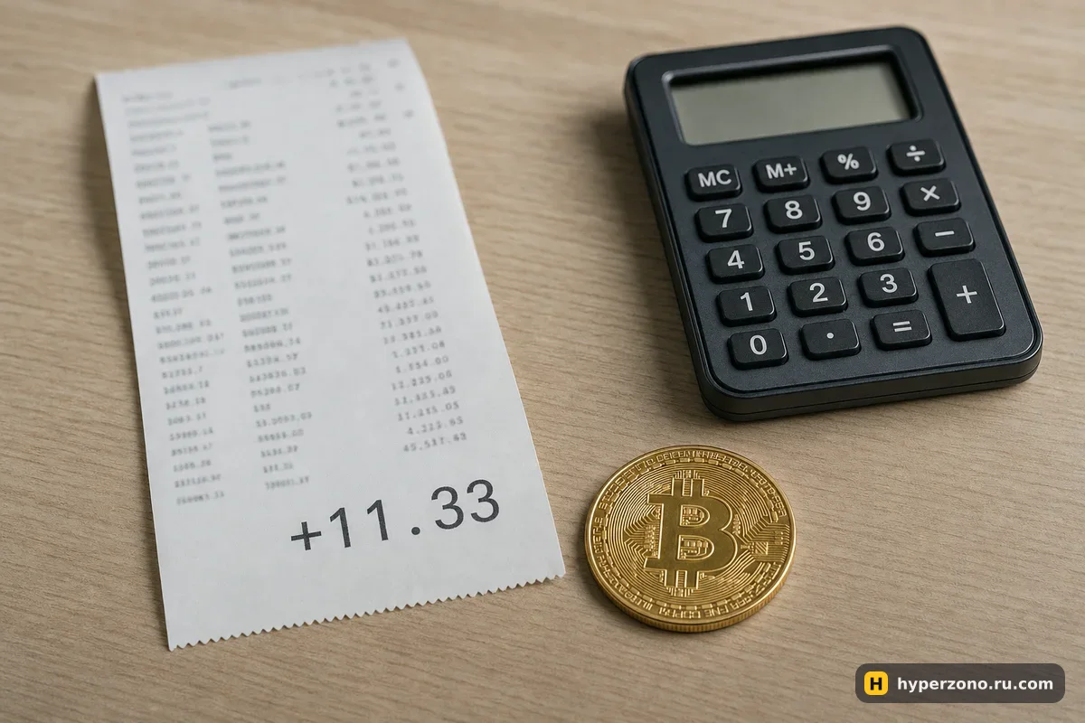 Бумажный чек с итоговой суммой прибыли, калькулятор и монета биткоина на столе