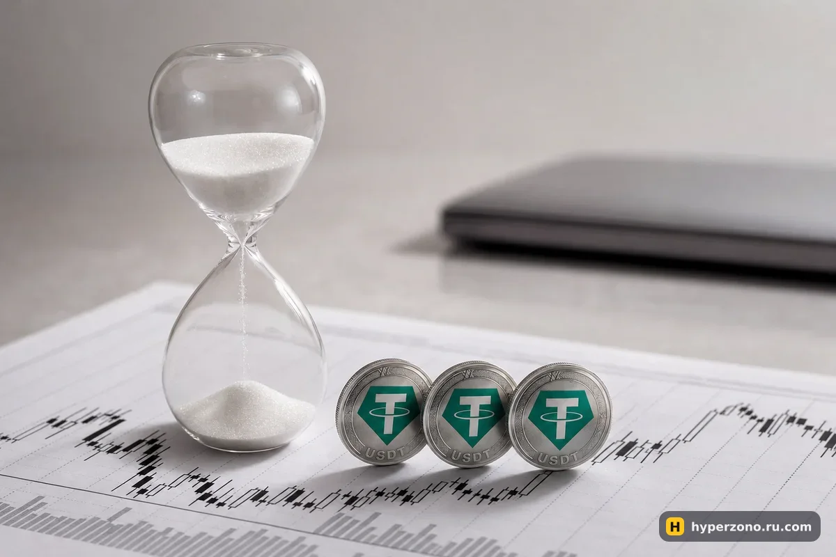 Песочные часы рядом с монетами USDT на распечатанном графике цены