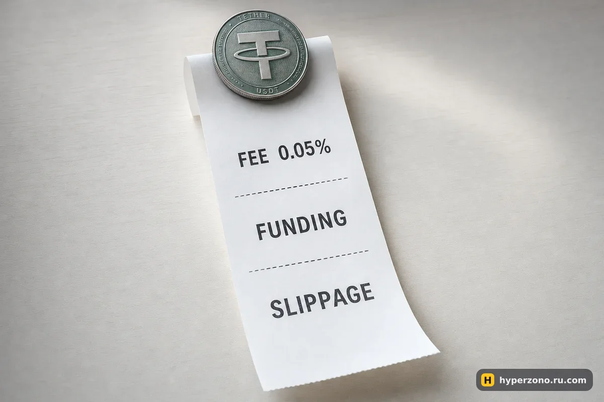 Кассовый чек с надписями FEE, FUNDING, SLIPPAGE и монета USDT на столе