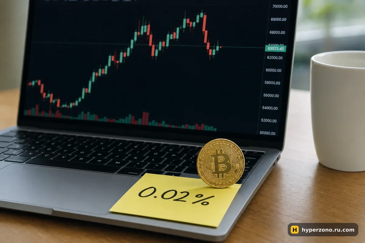 Ноутбук со свечным графиком биткоина, золотая монета BTC и жёлтый стикер с надписью 0.02%