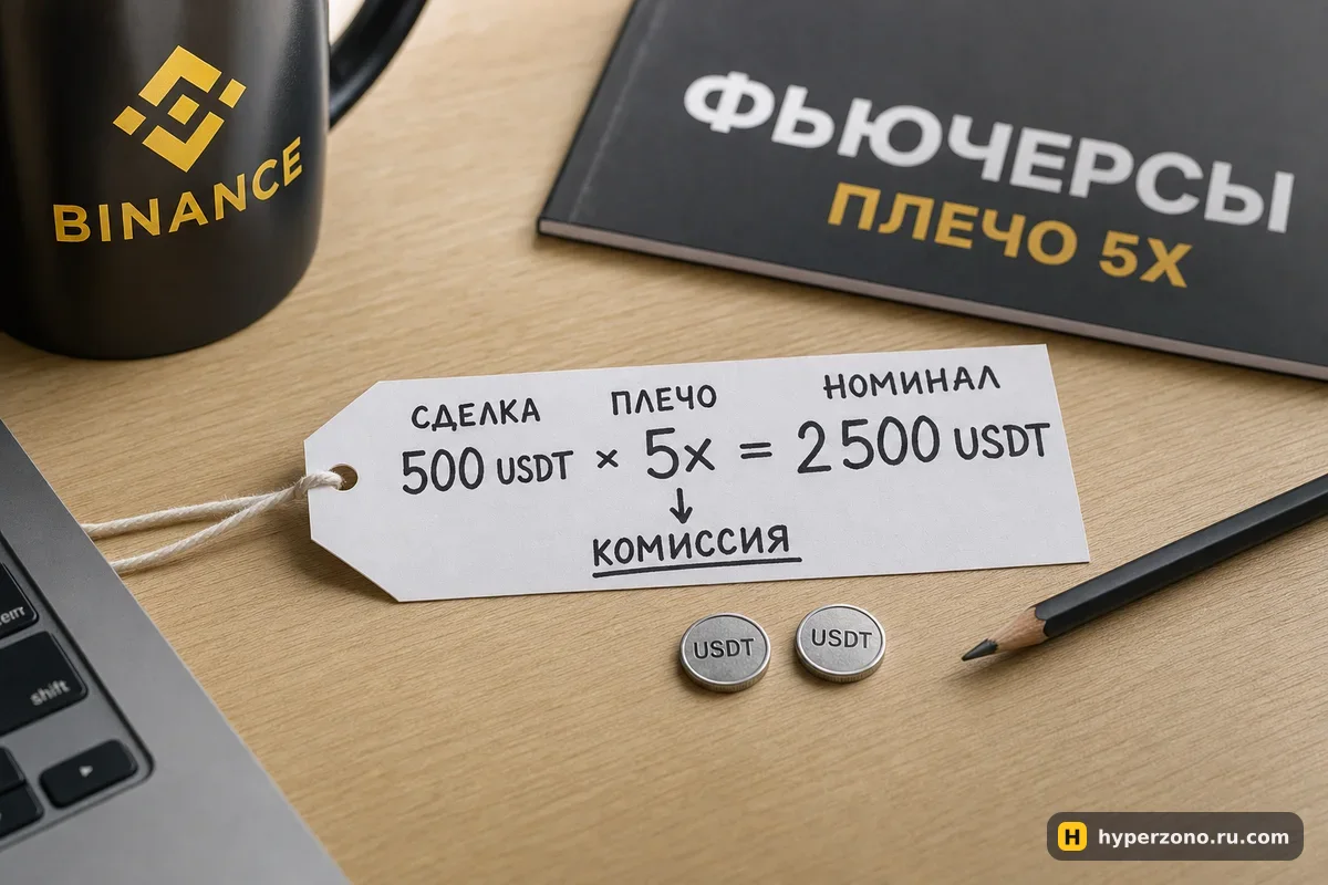 Бумажный ценник с надписью 2 500 USDT и две маленькие монеты USDT рядом на деревянном столе