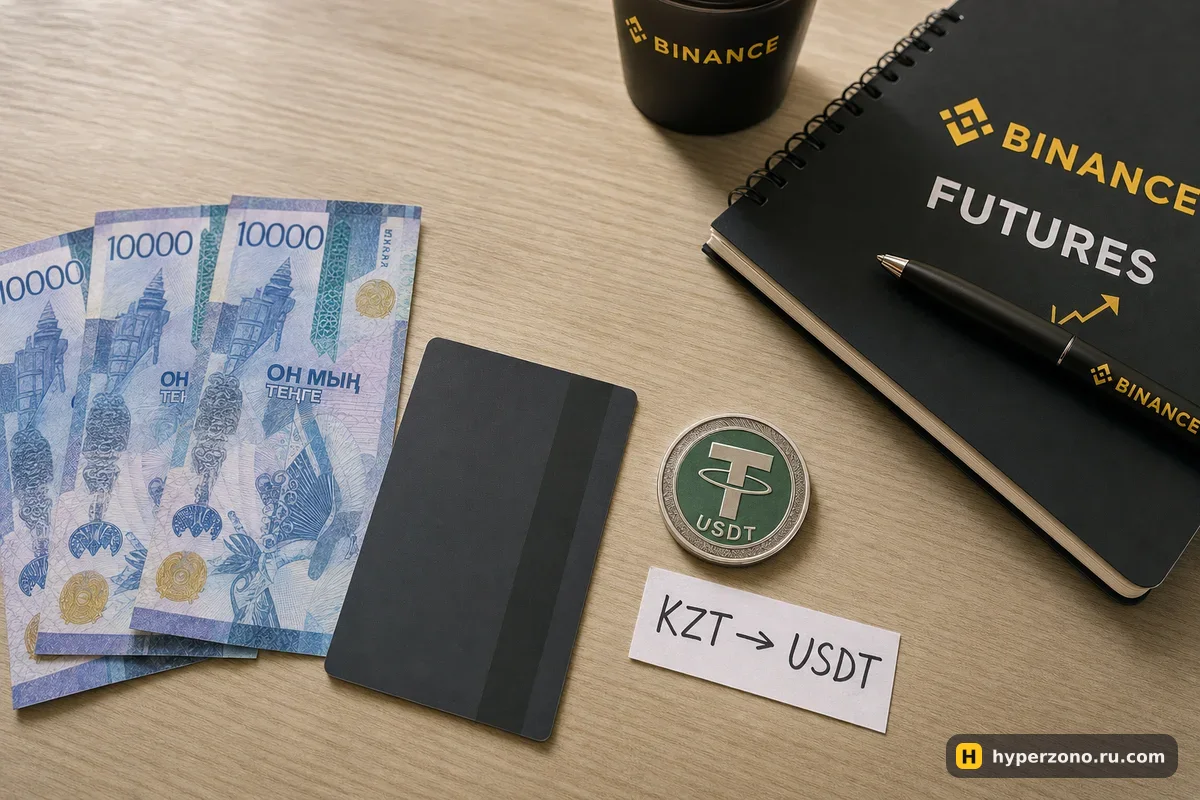 Банкноты тенге, банковская карта и монета USDT на светлом столе