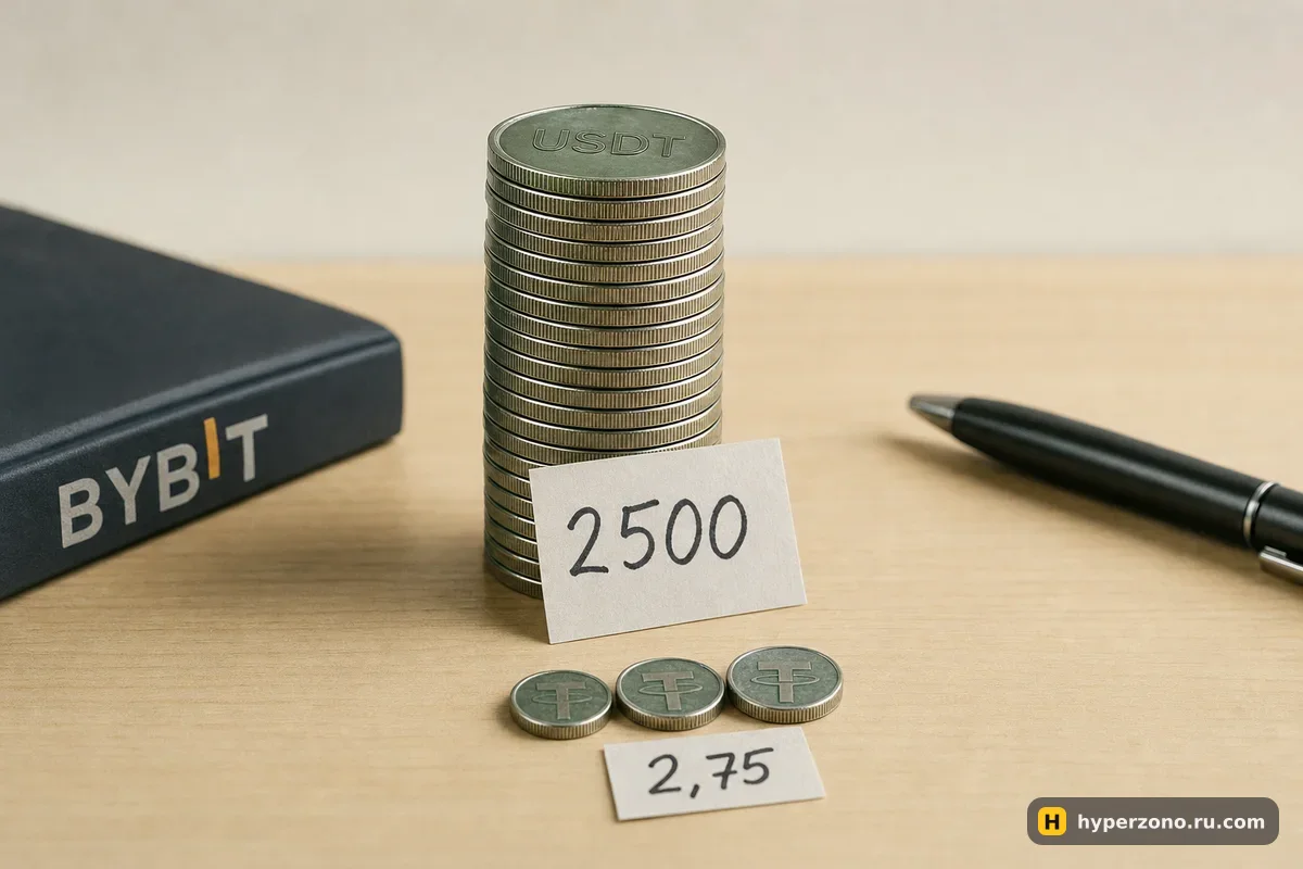 Стопка монет USDT с биркой 2500 и три маленькие монеты с биркой 2,75