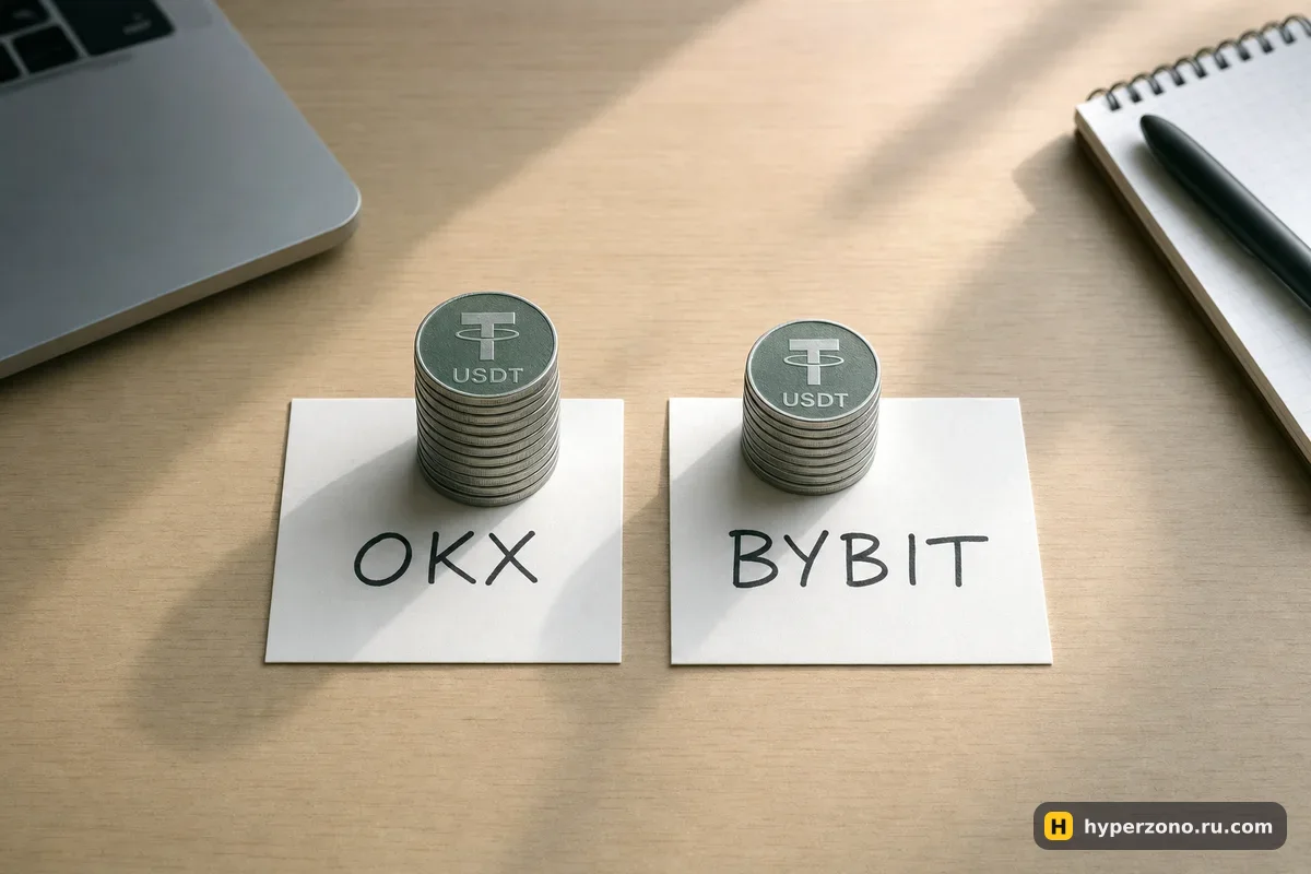 Две бумажные карточки с надписями OKX и Bybit, на каждой стопка монет USDT почти одинаковой высоты
